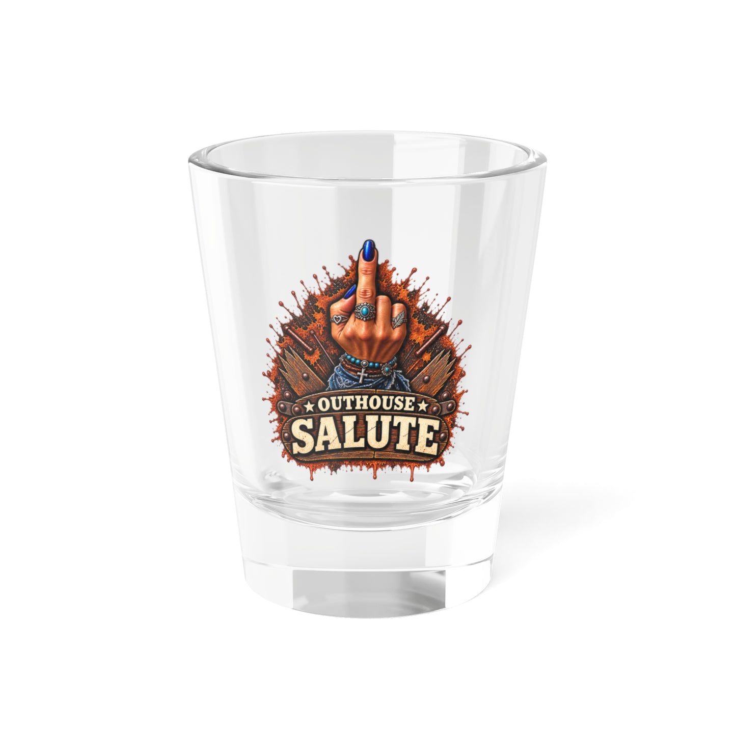 Outhouse Salute Shot Glass β Funny Gen X Novelty Shooter