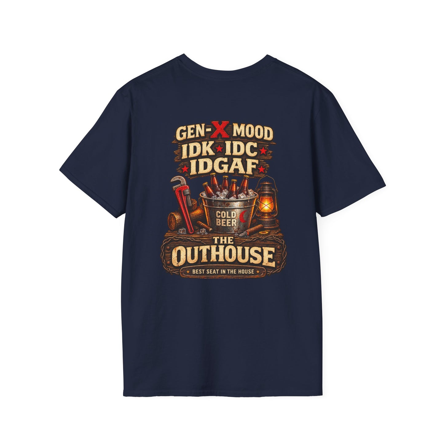 Outhouse Gen-X T-Shirt — "Gen-X Mood: IDK • IDC • IDGAF" Retro Beer Graphic