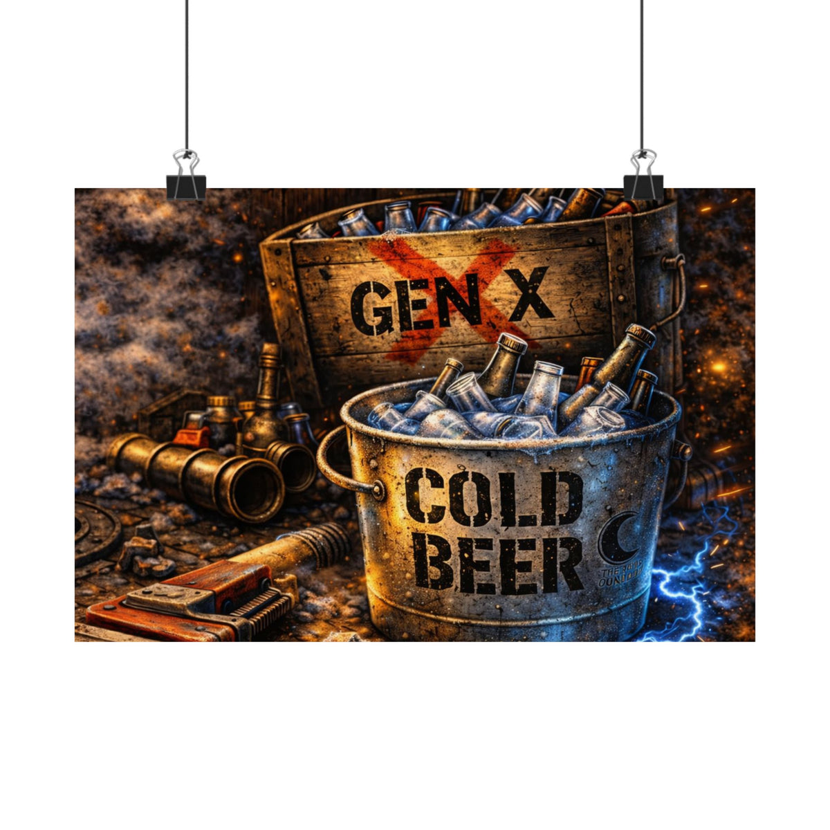 Cold Beer Bucket Poster – 'GEN X' Rustic Bar Decor Satin Print