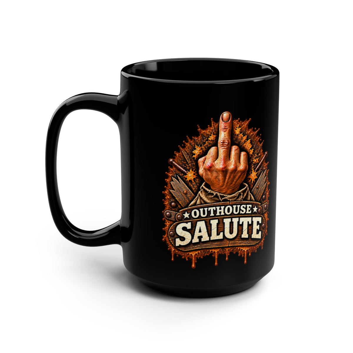 Outhouse Salute 15oz Black Mug β Funny Gen X Middle Finger Coffee Cup