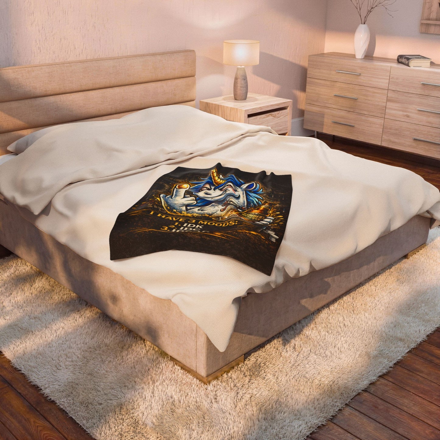 Velveteen Plush Blanket — Funny Unicorn ‘I Have 3 Moods: IDK, IDC, IDGAF’ Throw