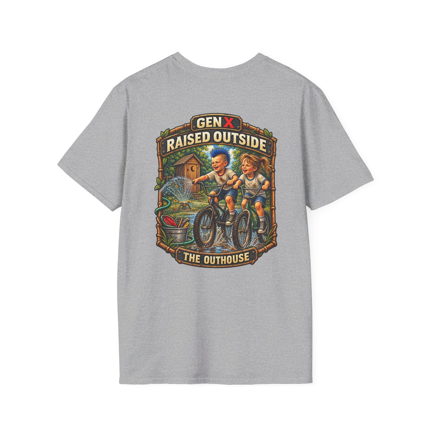 Gen X "Raised Outside" T-Shirt — Retro Outhouse Vintage Graphic Tee