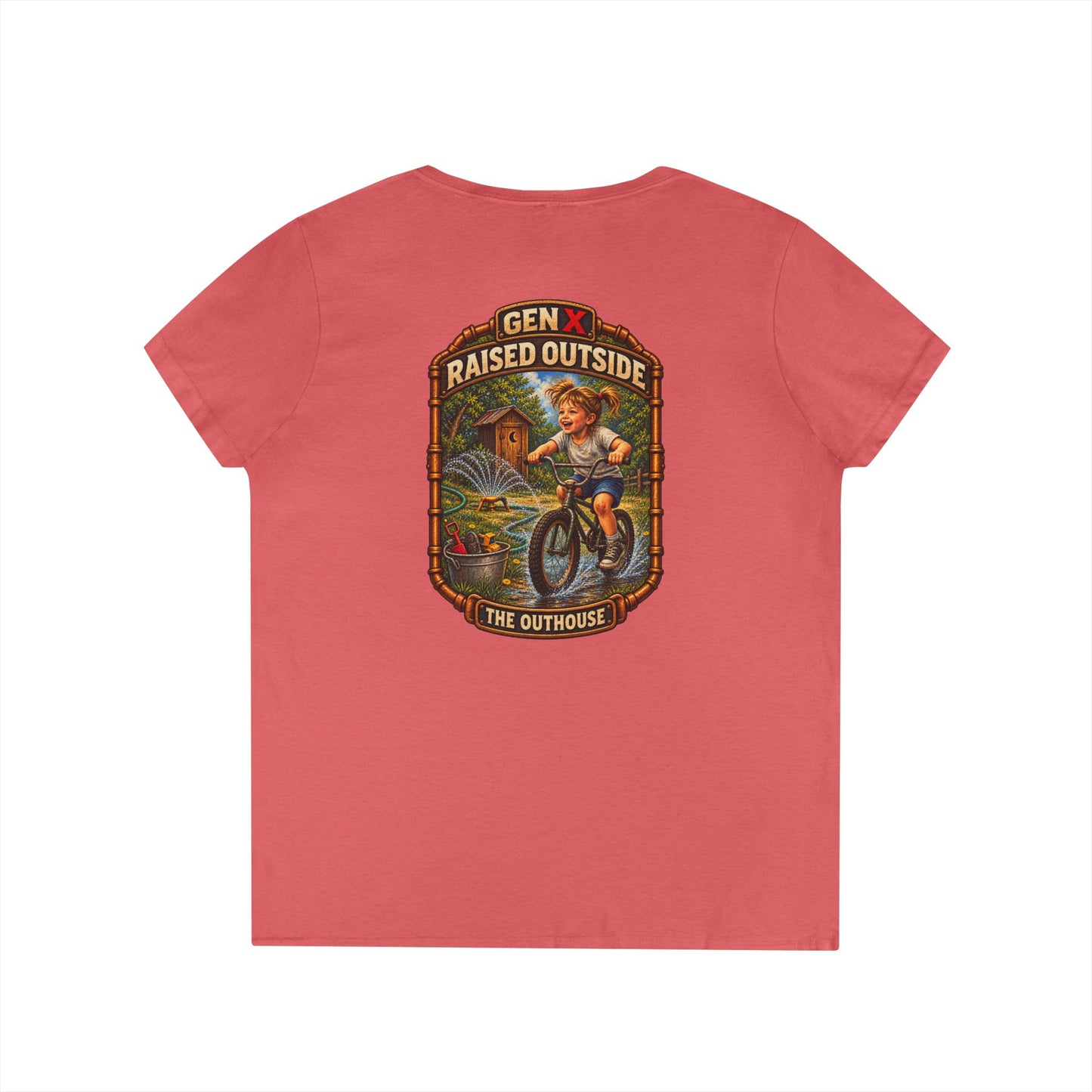 Gen X Raised Outside V‑Neck Tee — "Raised Outside" Retro Bike Graphic