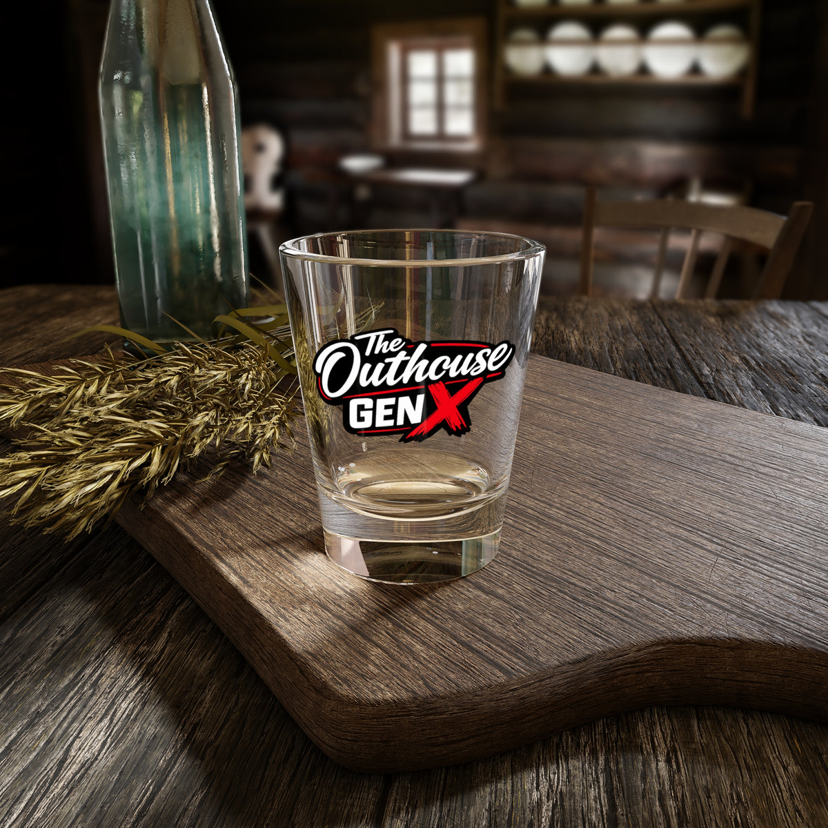 The Outhouse Gen X Shot Glass — 1.5oz Retro Logo Shooter