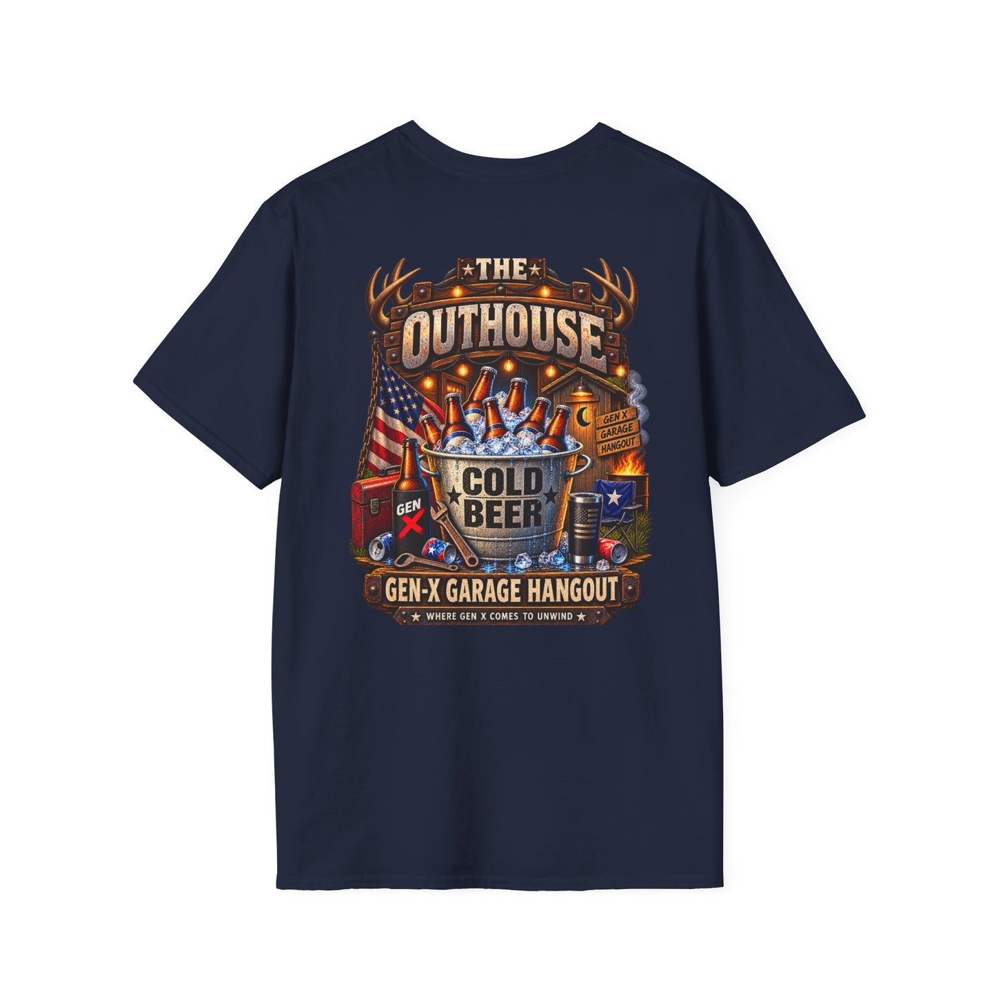 The Outhouse Cold Beer T-Shirt — Gen‑X Garage Hangout Graphic Tee