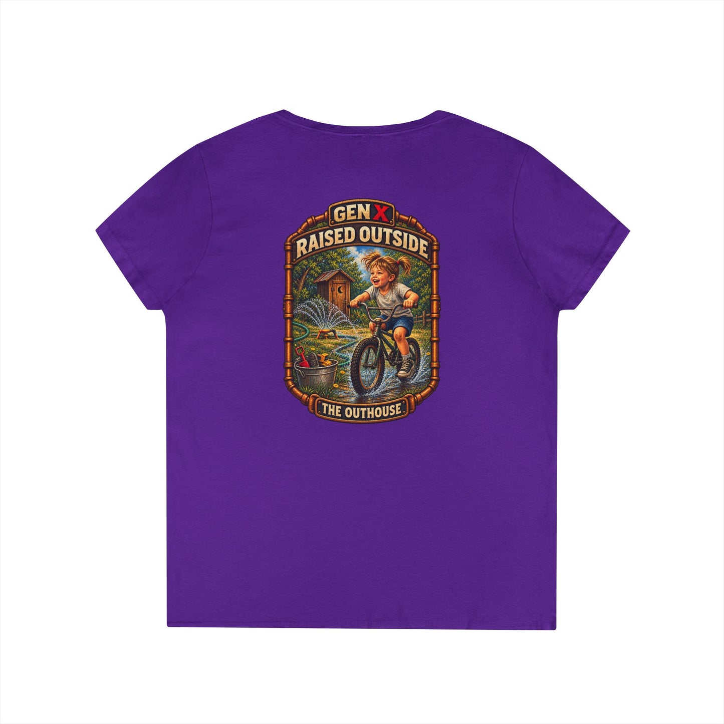 Gen X Raised Outside V‑Neck Tee — "Raised Outside" Retro Bike Graphic