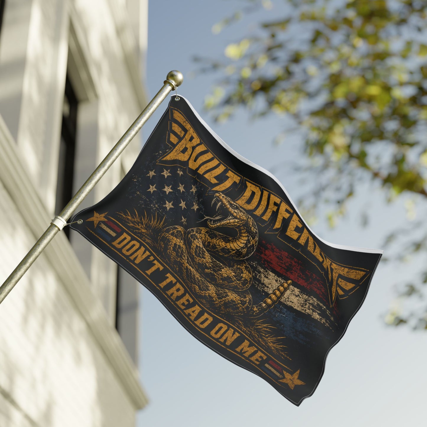 Built Different Don’t Tread on Me Flag | Gen X Distressed Americana Snake Flag | Rustic Patriotic Double-Sided Flag