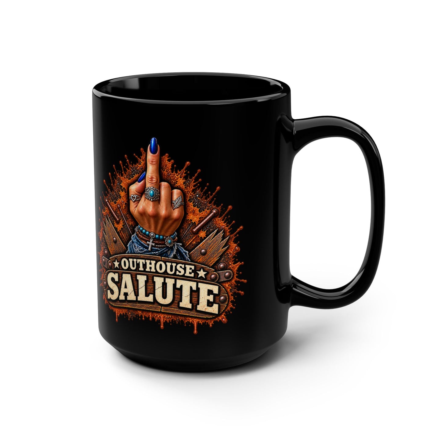 Outhouse Salute 15oz Black Mug — Funny Gen X Women’s Middle Finger Coffee Cup