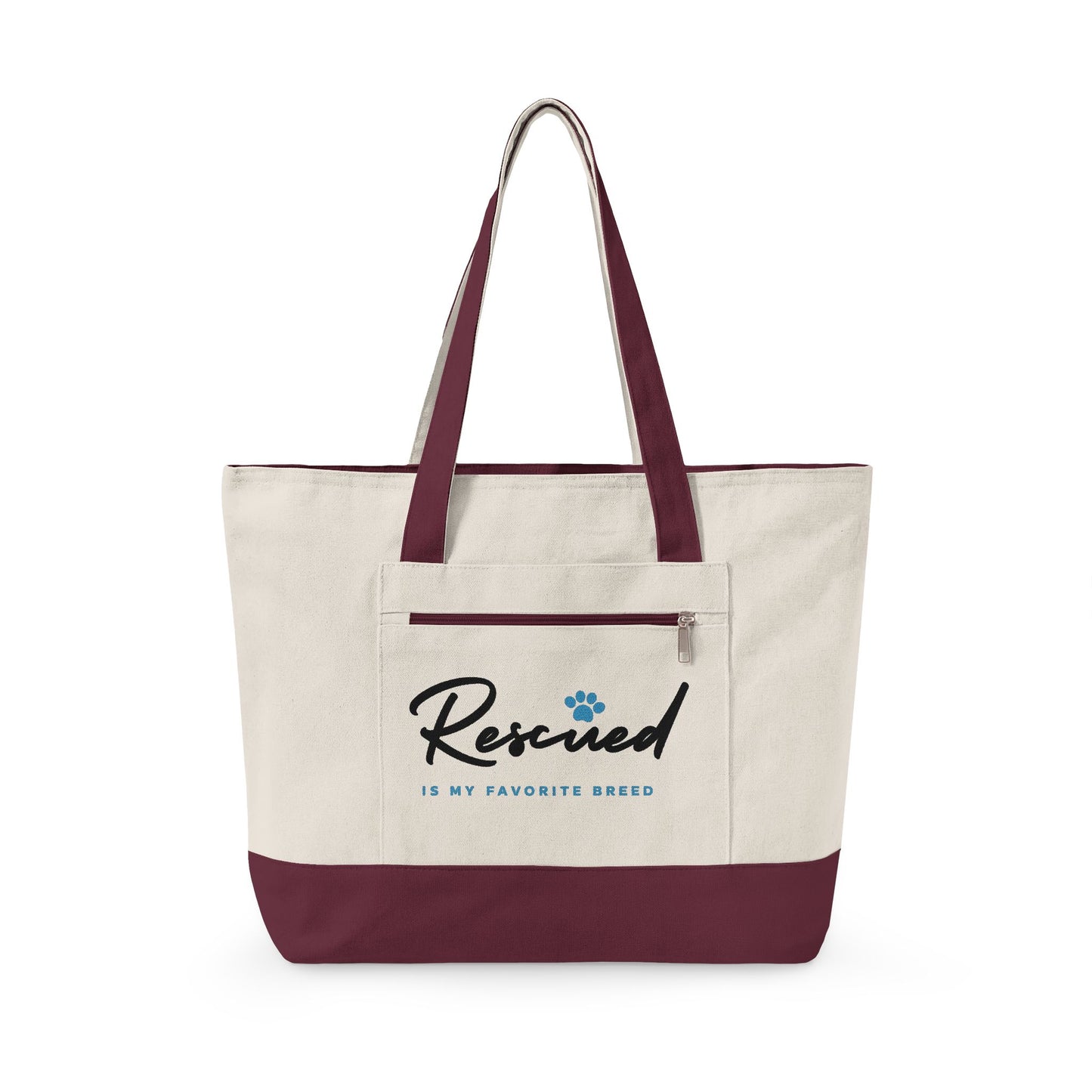Canvas Tote Bag – "Rescued is My Favorite Breed" Zippered Reusable Shopper