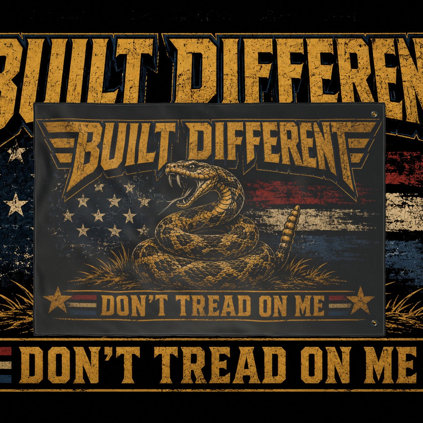 Built Different Don’t Tread on Me Flag | Gen X Distressed Americana Snake Flag | Rustic Patriotic Double-Sided Flag
