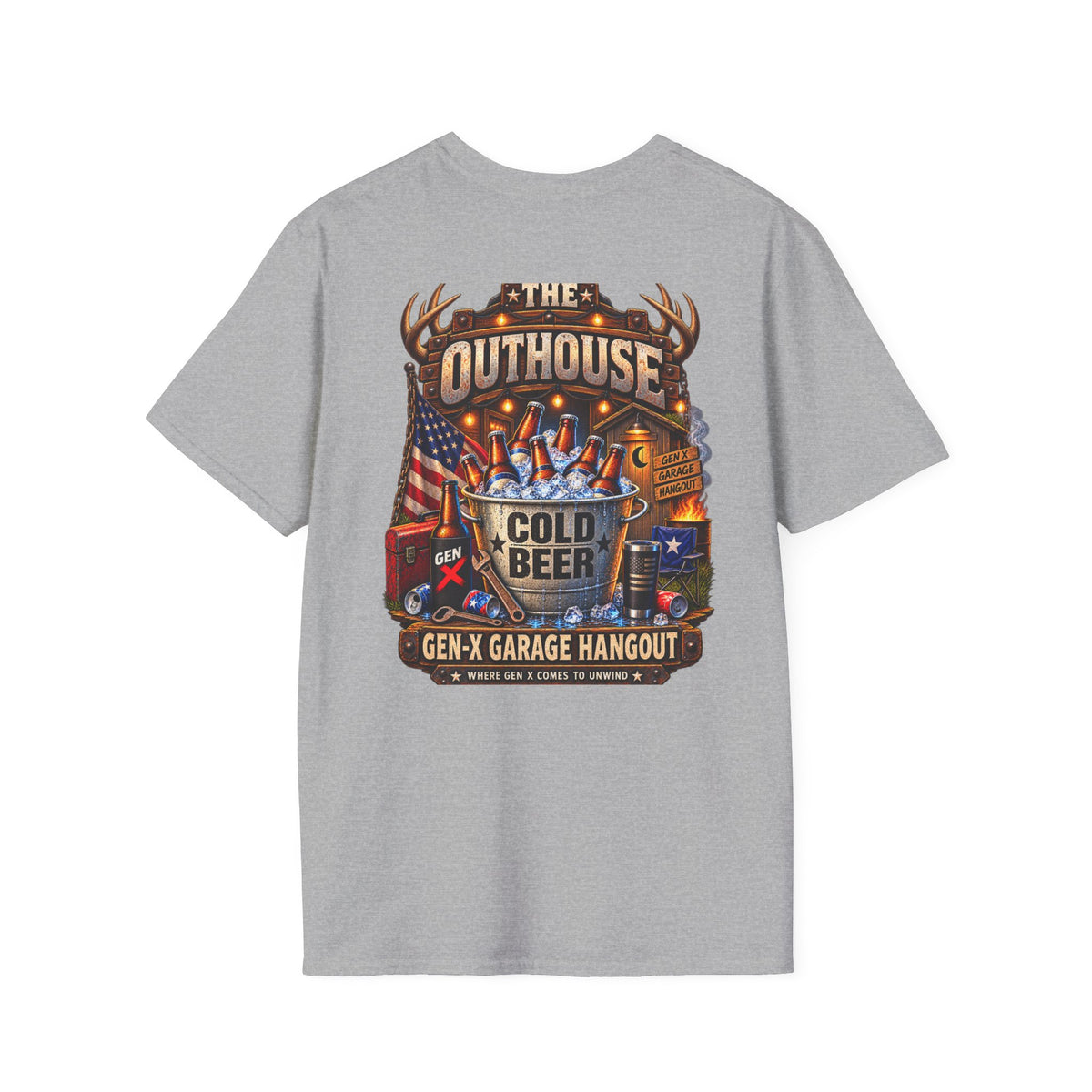 The Outhouse Cold Beer T-Shirt — Gen‑X Garage Hangout Graphic Tee