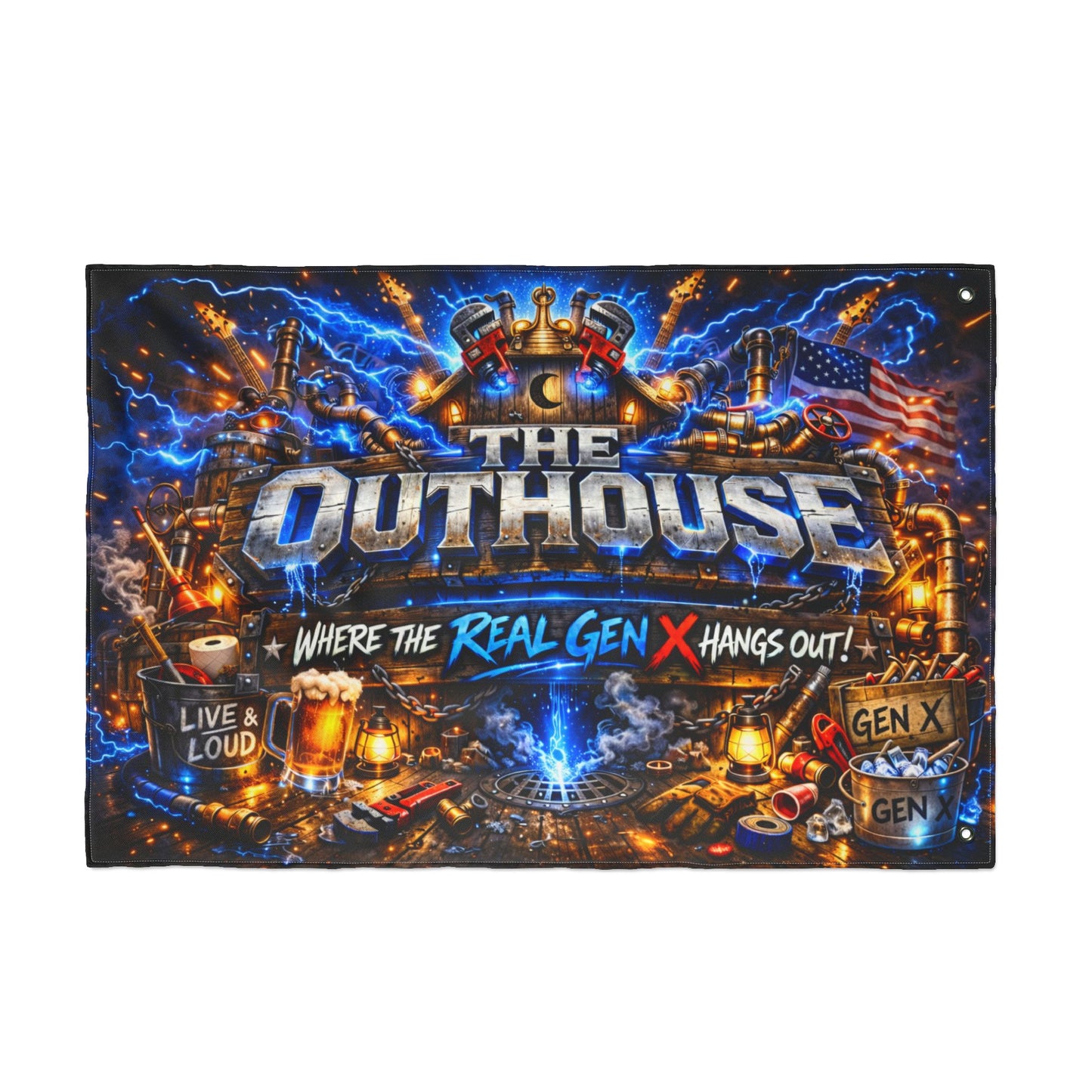 The OutHouse Gen X Flag | Where the Real Gen X Hangs Out | Built Different Garage & Man Cave Decor