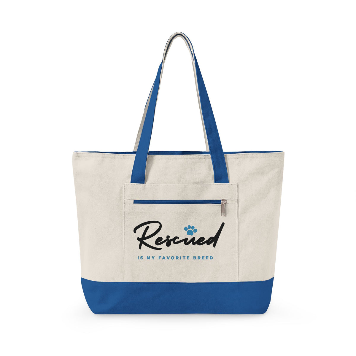 Canvas Tote Bag – "Rescued is My Favorite Breed" Zippered Reusable Shopper