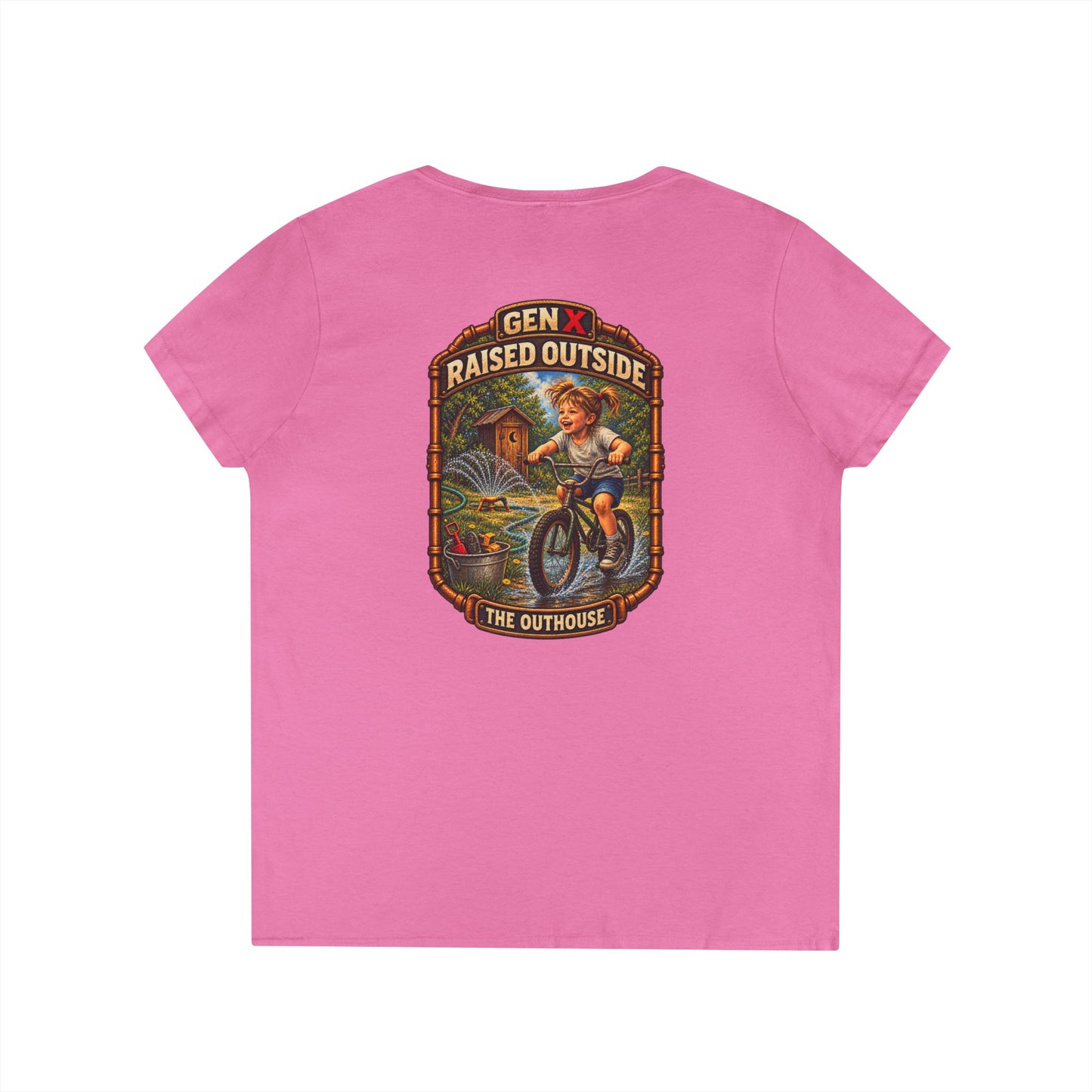 Gen X Raised Outside V‑Neck Tee — "Raised Outside" Retro Bike Graphic