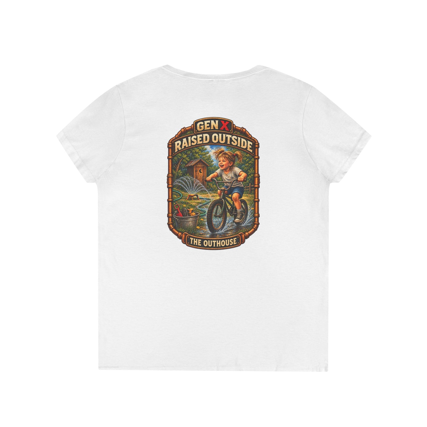 Gen X Raised Outside V‑Neck Tee — "Raised Outside" Retro Bike Graphic