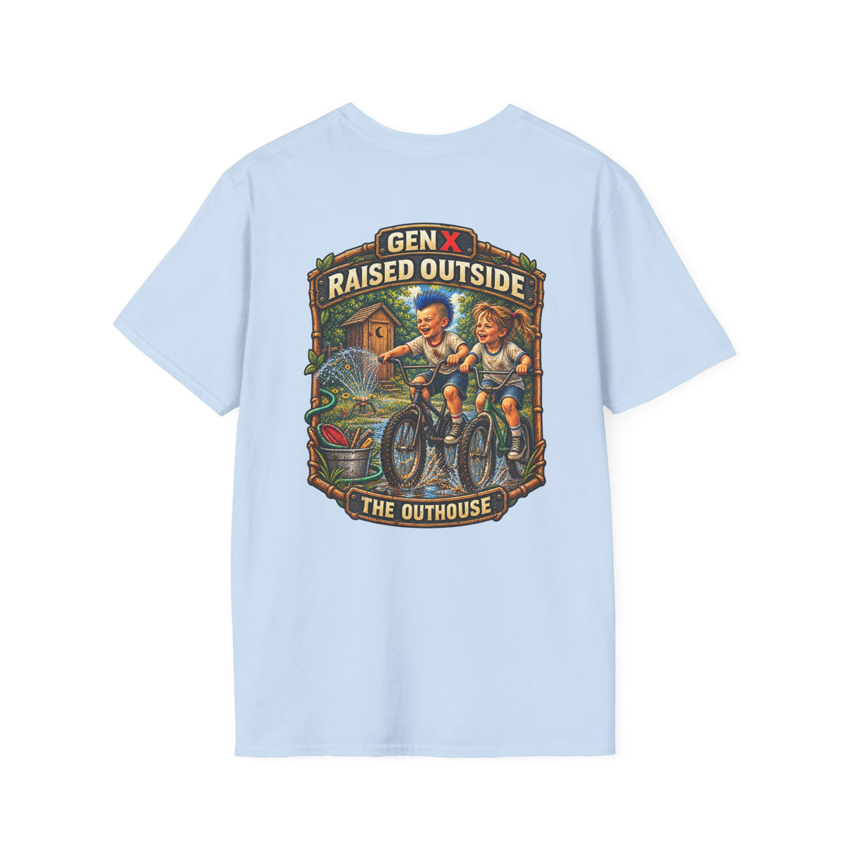 Gen X "Raised Outside" T-Shirt — Retro Outhouse Vintage Graphic Tee