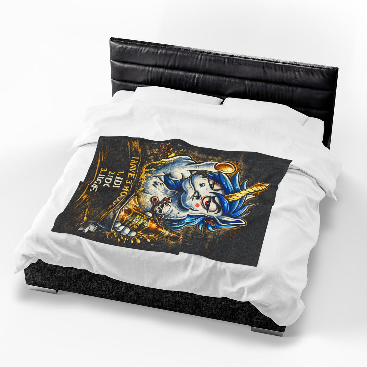Velveteen Plush Blanket — Funny Unicorn ‘I Have 3 Moods: IDK, IDC, IDGAF’ Throw