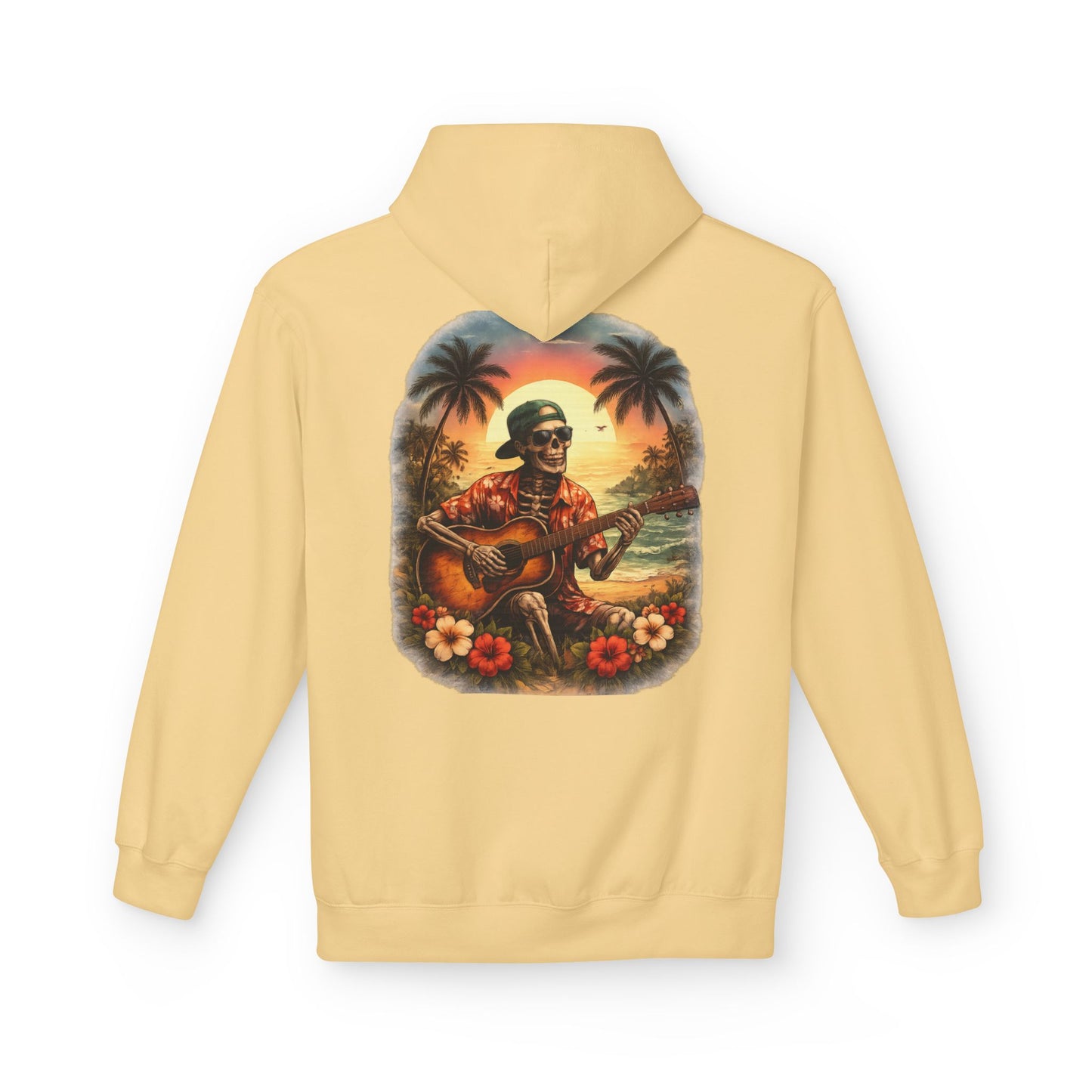 Hawaiian Skeleton Guitar Hoodie — Sunset Palm Vintage Rock Pullover