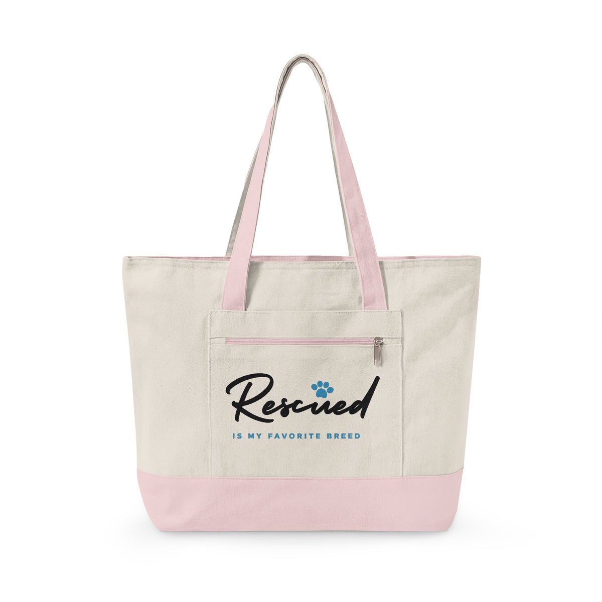 Canvas Tote Bag – "Rescued is My Favorite Breed" Zippered Reusable Shopper