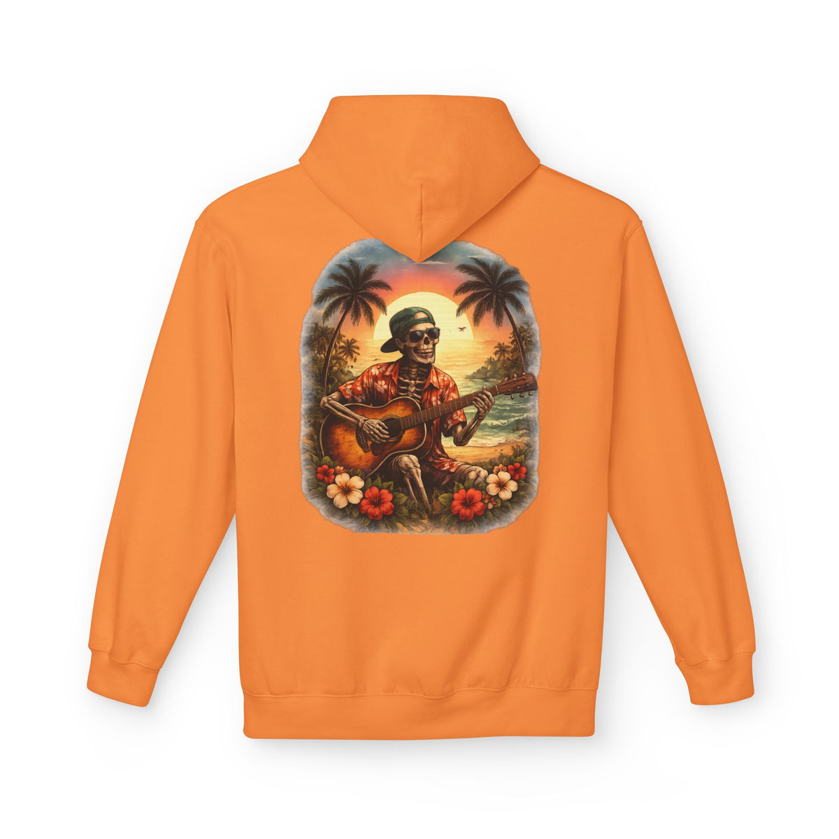 Hawaiian Skeleton Guitar Hoodie — Sunset Palm Vintage Rock Pullover