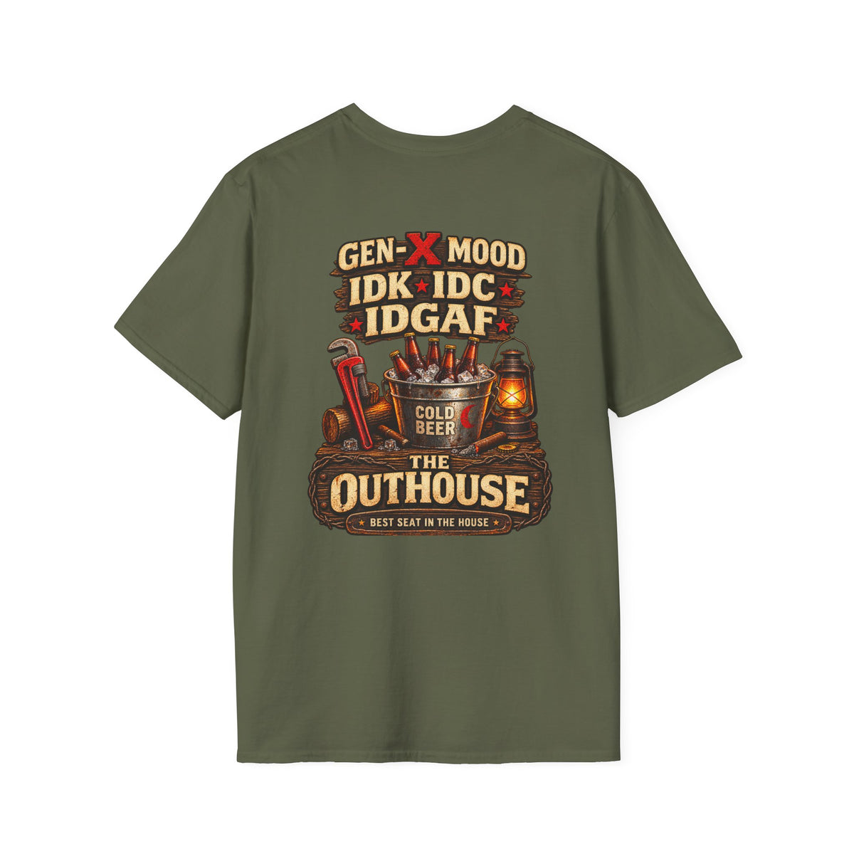 Outhouse Gen-X T-Shirt — "Gen-X Mood: IDK • IDC • IDGAF" Retro Beer Graphic