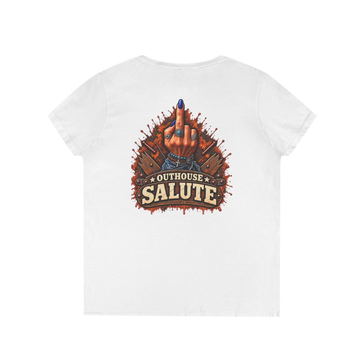Outhouse Salute V-Neck Tee — Bold Back Graphic Ladies' T-Shirt