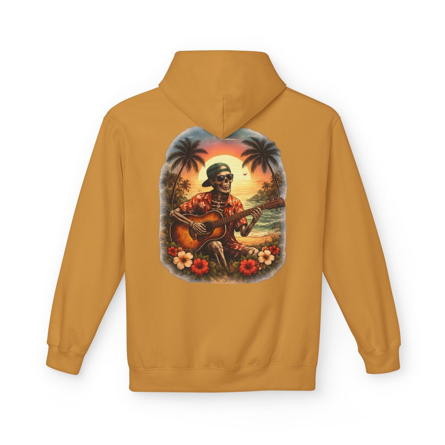 Hawaiian Skeleton Guitar Hoodie — Sunset Palm Vintage Rock Pullover