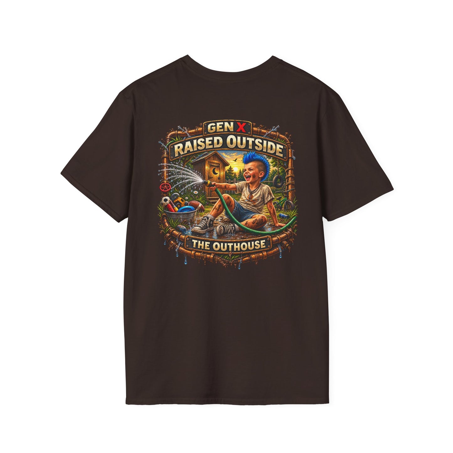 Raised Outside Outhouse Tee — Gen X Retro Outdoor Humor T-Shirt