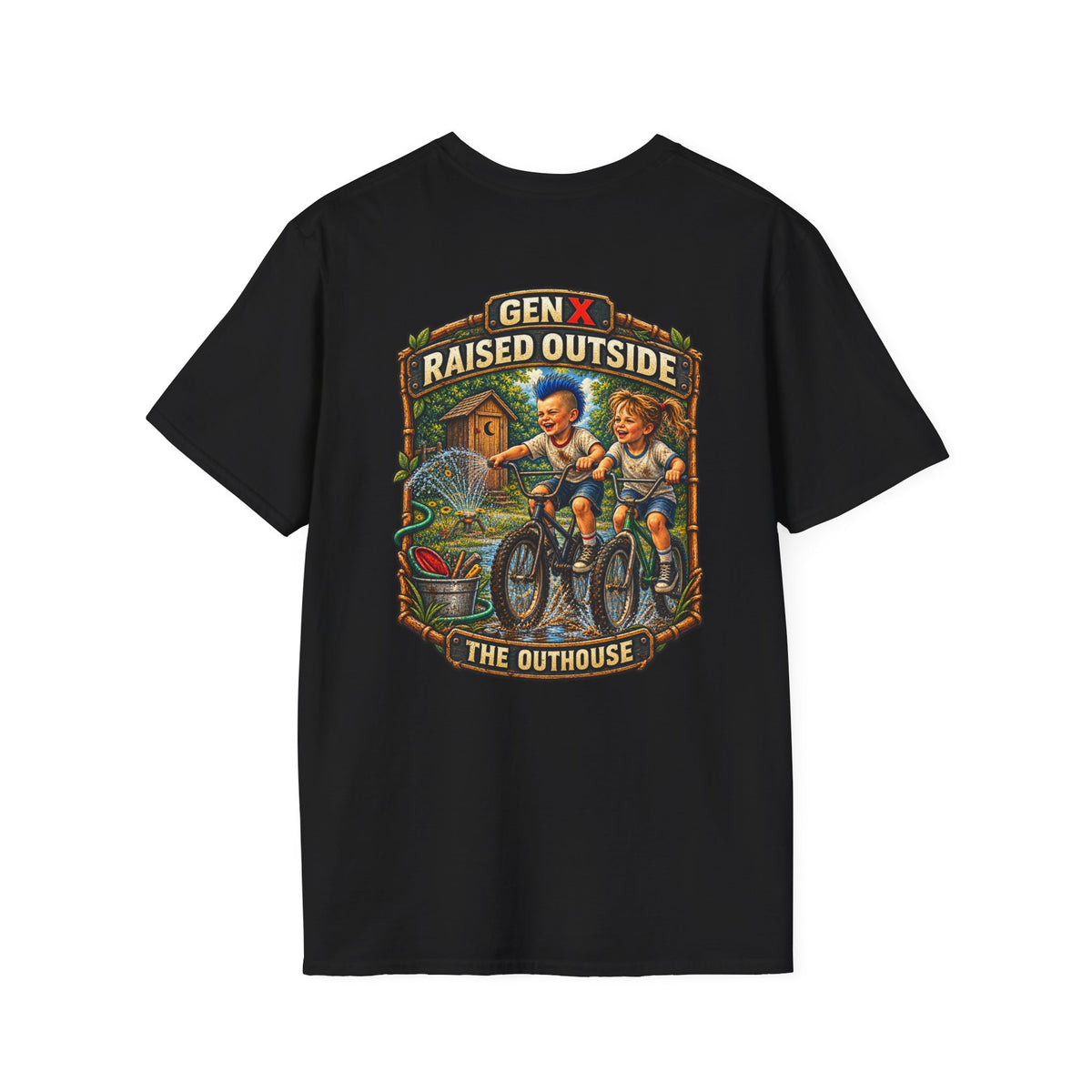 Gen X "Raised Outside" T-Shirt — Retro Outhouse Vintage Graphic Tee
