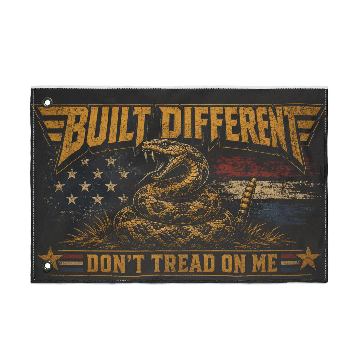 Built Different Don’t Tread on Me Flag | Gen X Distressed Americana Snake Flag | Rustic Patriotic Double-Sided Flag