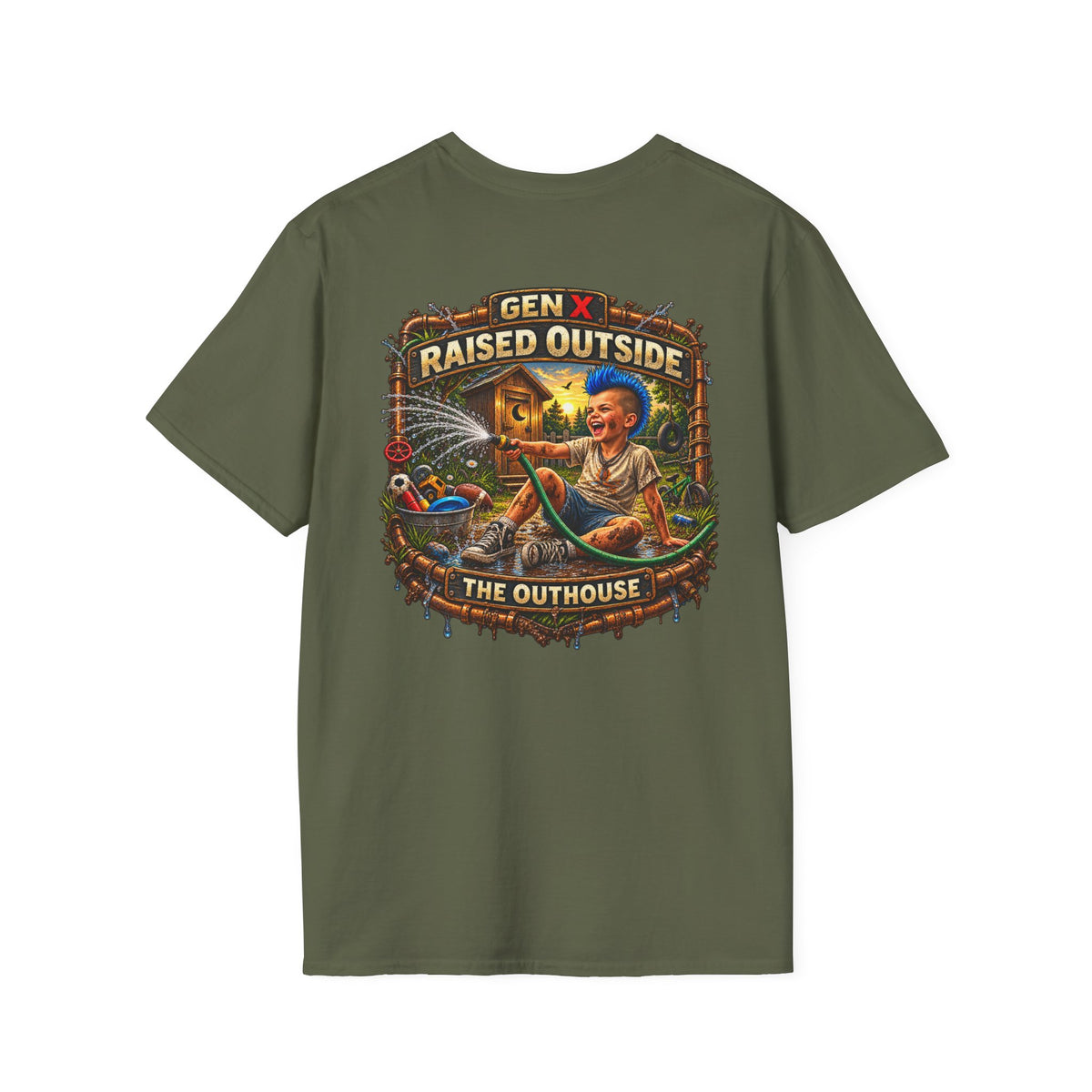 Raised Outside Outhouse Tee — Gen X Retro Outdoor Humor T-Shirt