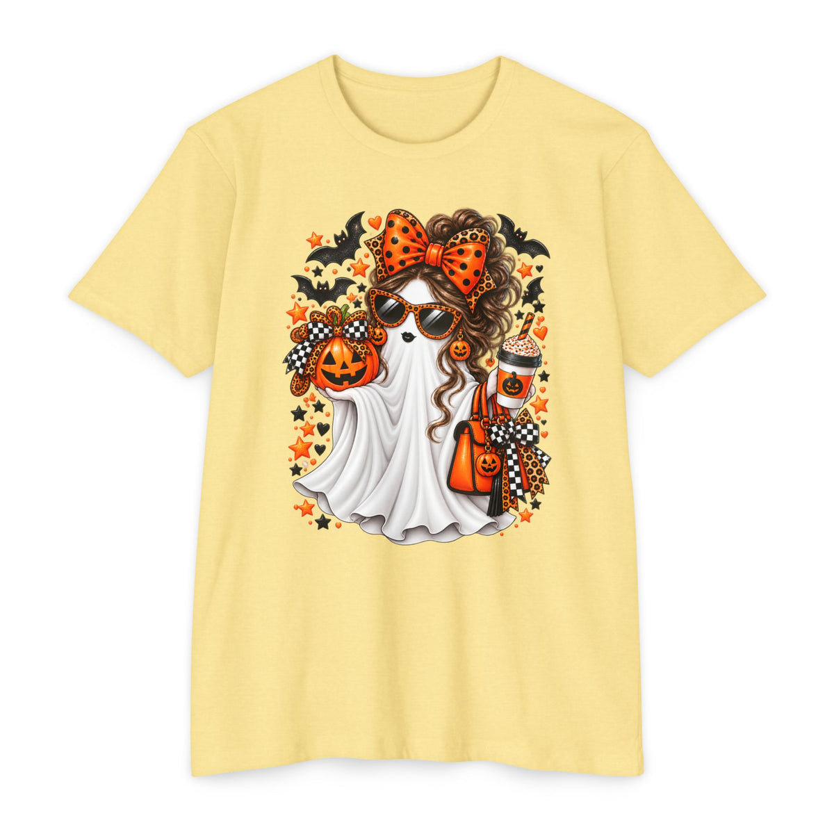 Cute Halloween Ghost T-Shirt – Orange Leopard Pumpkin Boo Tee for Women