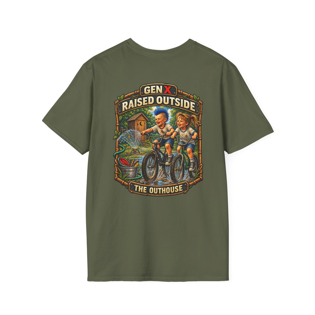 Gen X "Raised Outside" T-Shirt — Retro Outhouse Vintage Graphic Tee