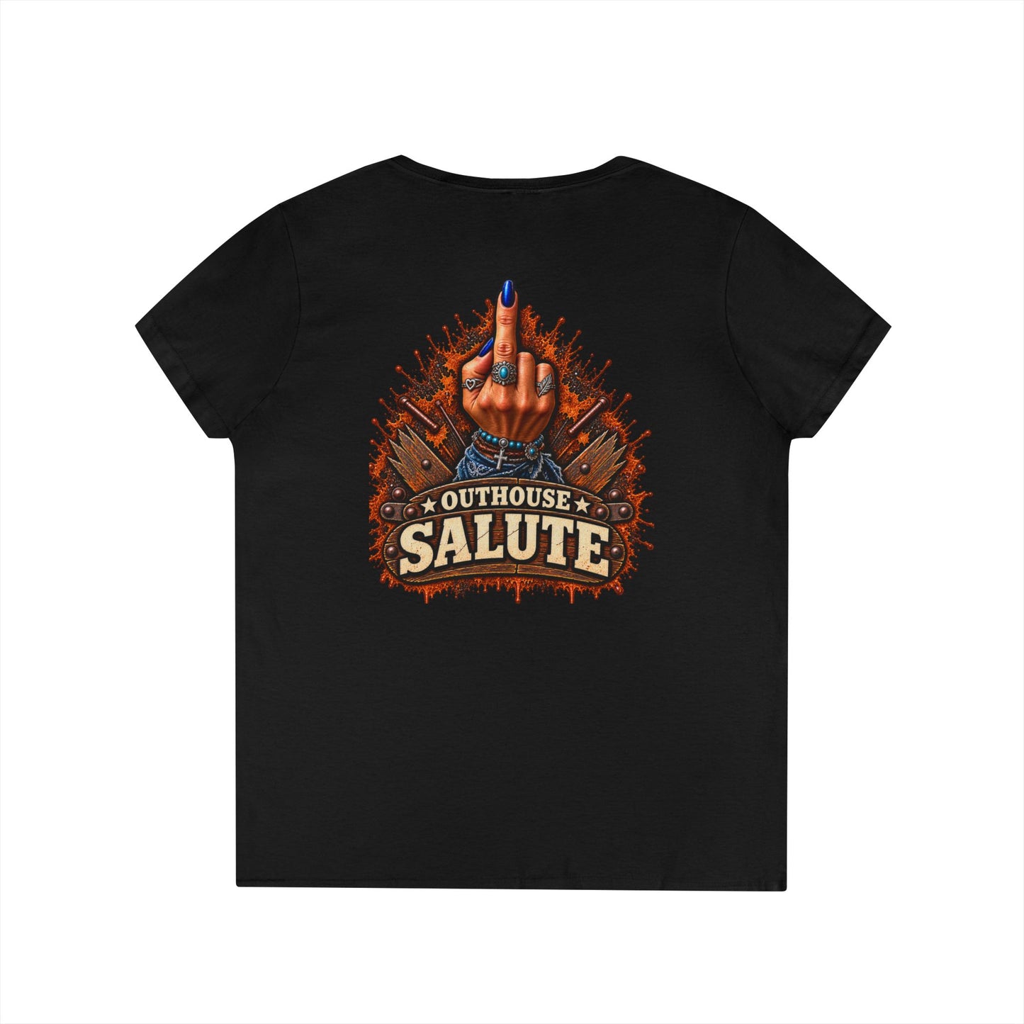 Outhouse Salute V-Neck Tee — Bold Back Graphic Ladies' T-Shirt