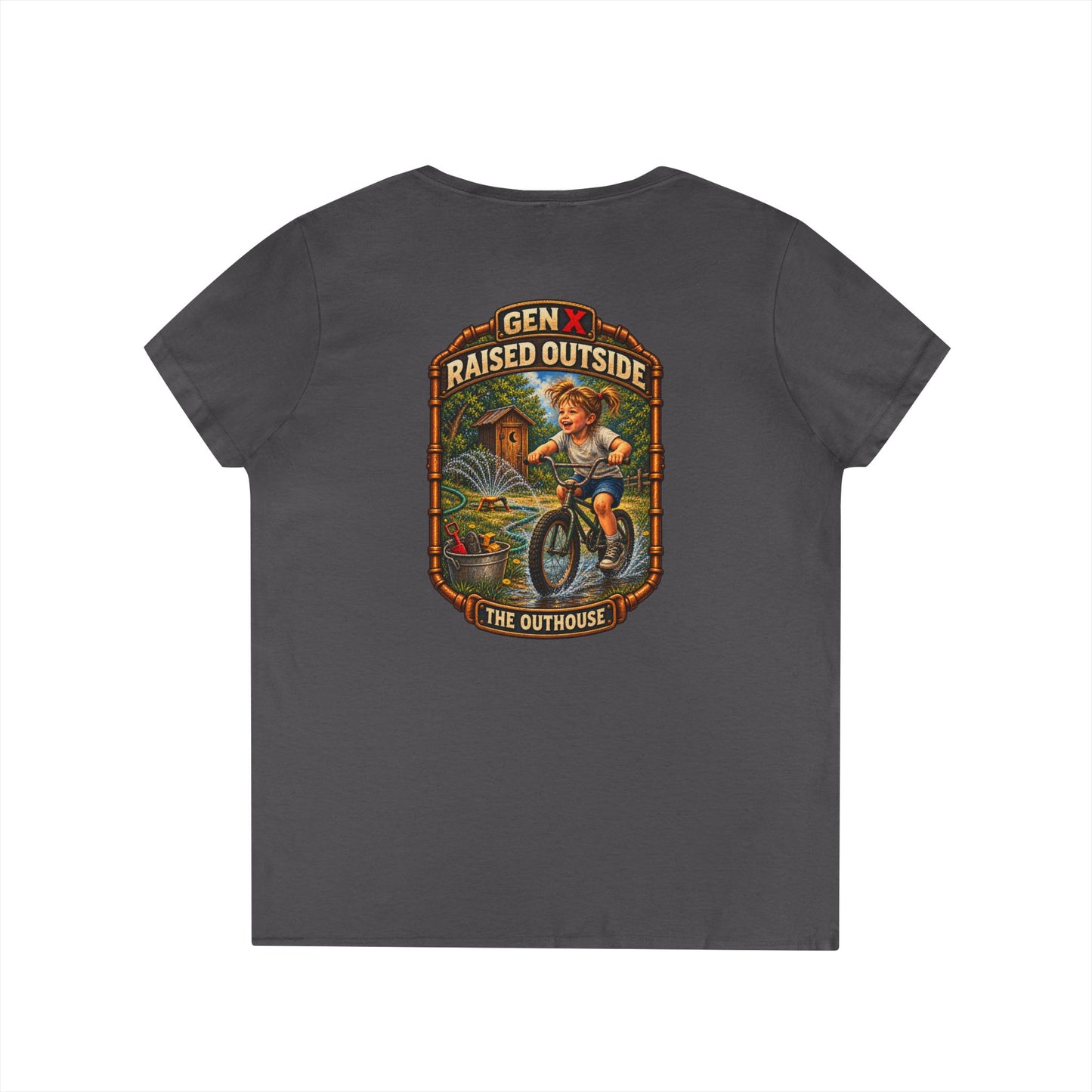 Gen X Raised Outside V‑Neck Tee — "Raised Outside" Retro Bike Graphic