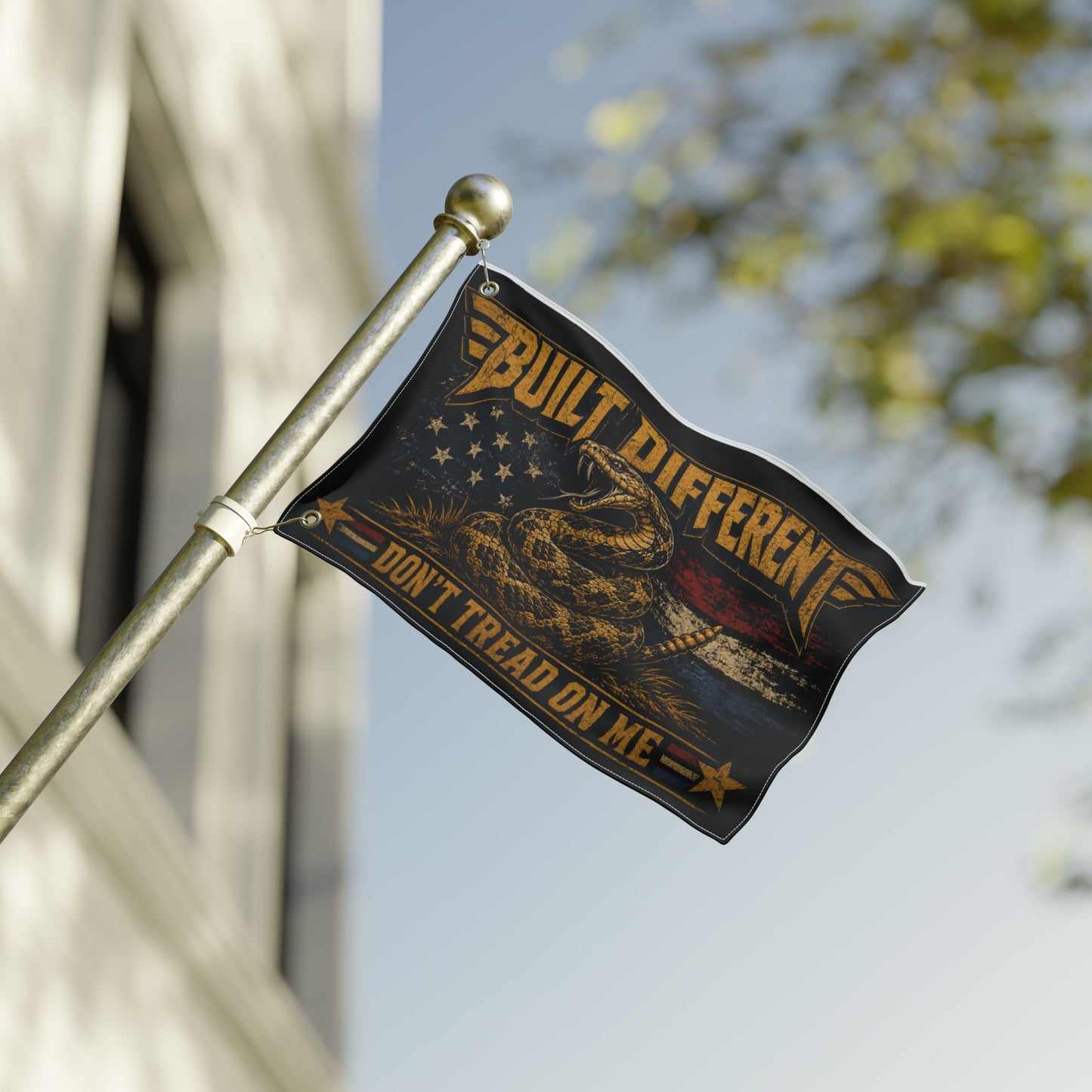 Built Different Don’t Tread on Me Flag | Gen X Distressed Americana Snake Flag | Rustic Patriotic Double-Sided Flag