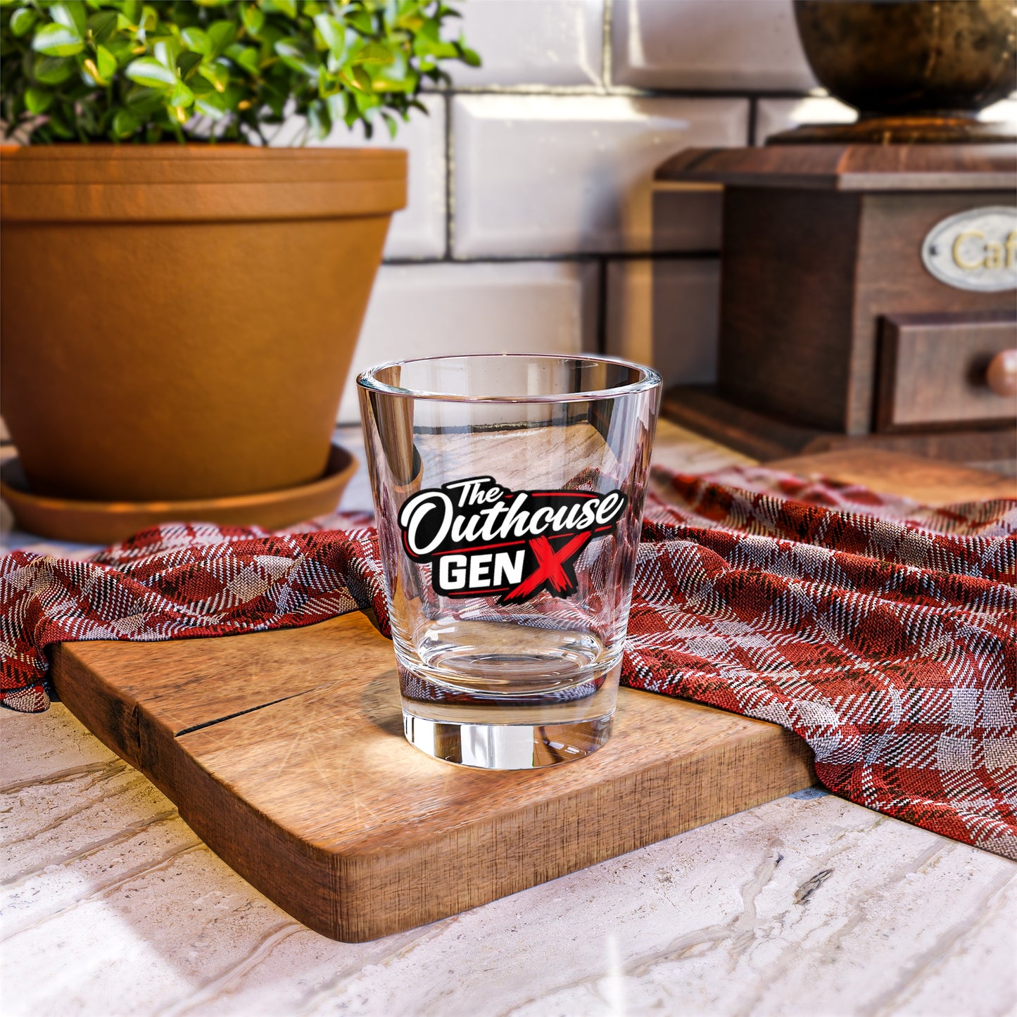 The Outhouse Gen X Shot Glass — 1.5oz Retro Logo Shooter