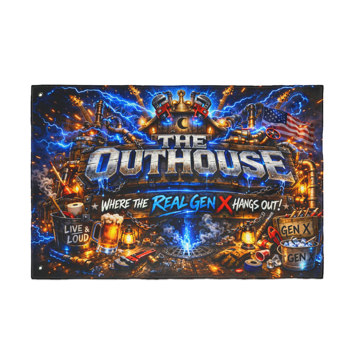 The OutHouse Gen X Flag | Where the Real Gen X Hangs Out | Built Different Garage & Man Cave Decor