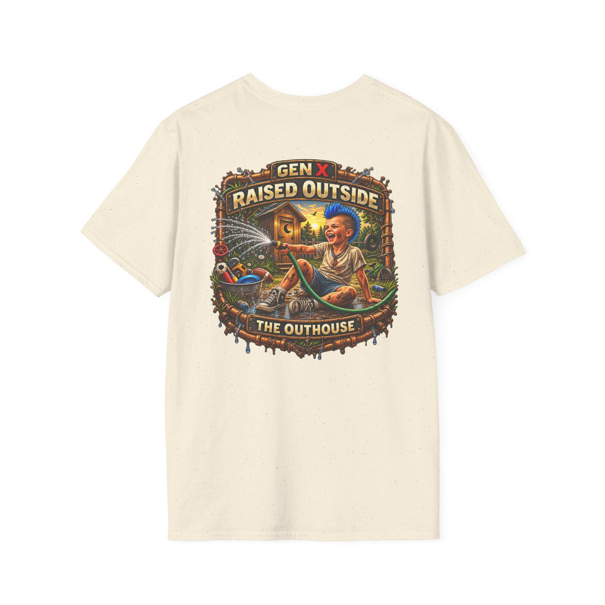 Raised Outside Outhouse Tee — Gen X Retro Outdoor Humor T-Shirt