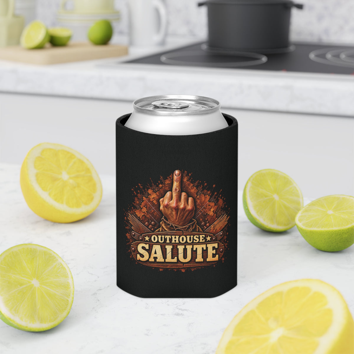 Outhouse Salute Can Cooler — Neoprene Koozie for BBQs & Tailgates