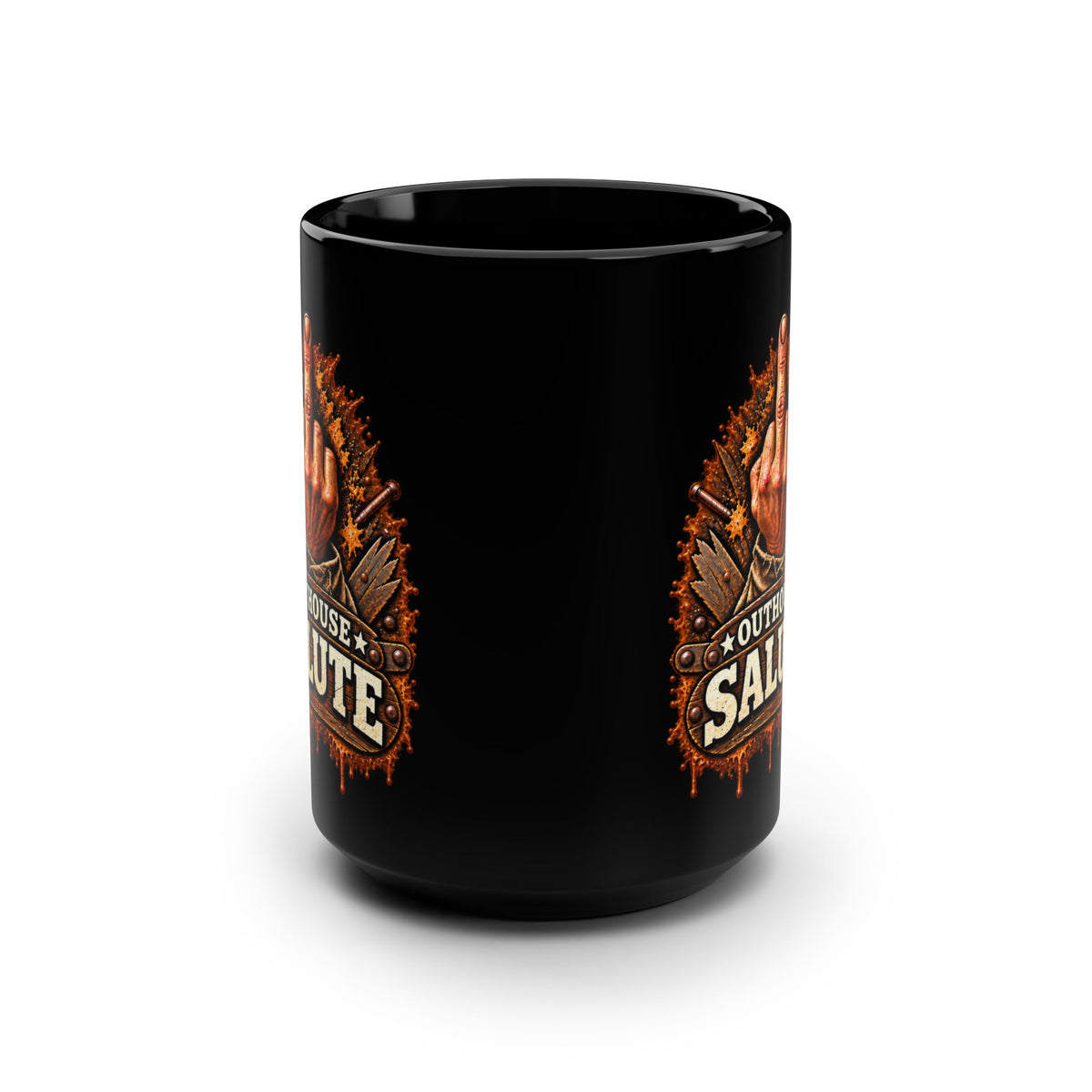 Outhouse Salute 15oz Black Mug — Funny Gen X Middle Finger Coffee Cup