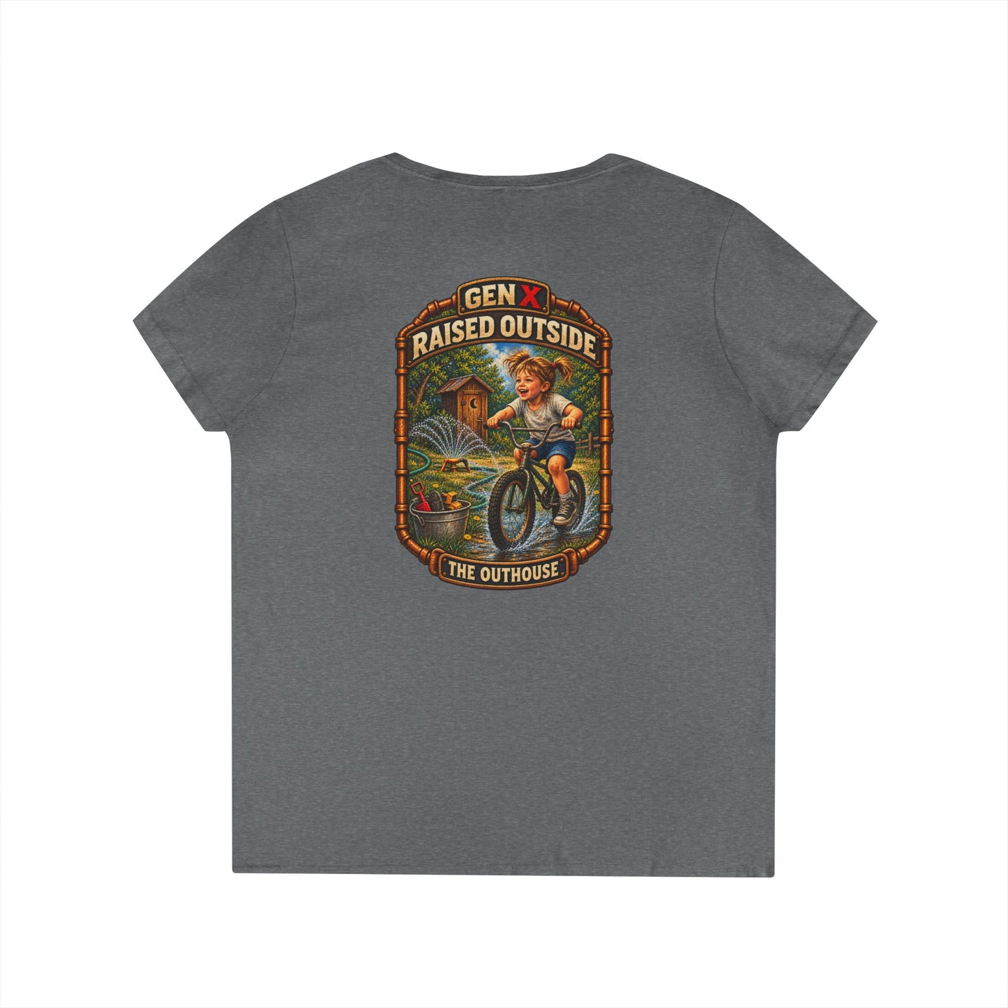 Gen X Raised Outside V‑Neck Tee — "Raised Outside" Retro Bike Graphic