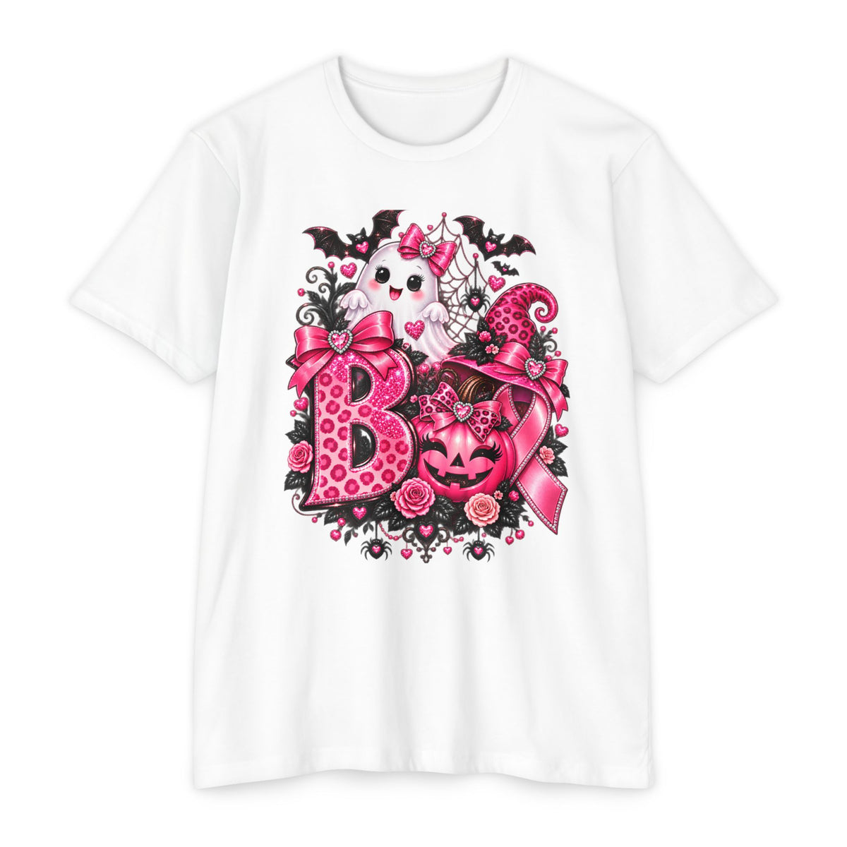 Pink Halloween Boo T-Shirt – Cute Ghost Pumpkin Pink Ribbon Spooky Tee for Women