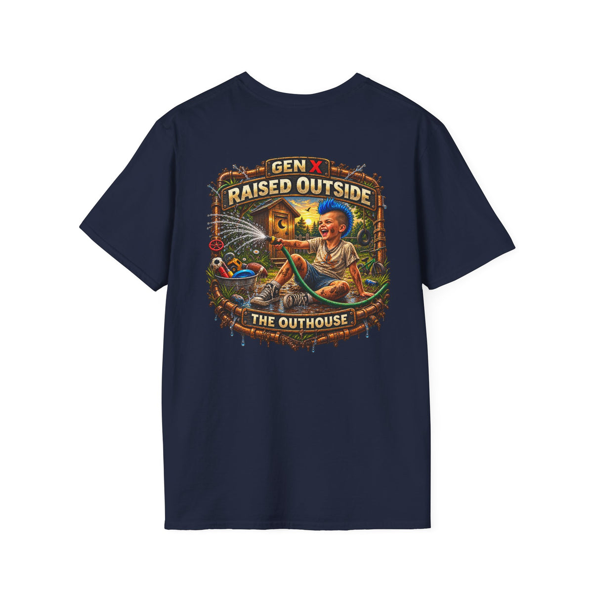 Raised Outside Outhouse Tee — Gen X Retro Outdoor Humor T-Shirt