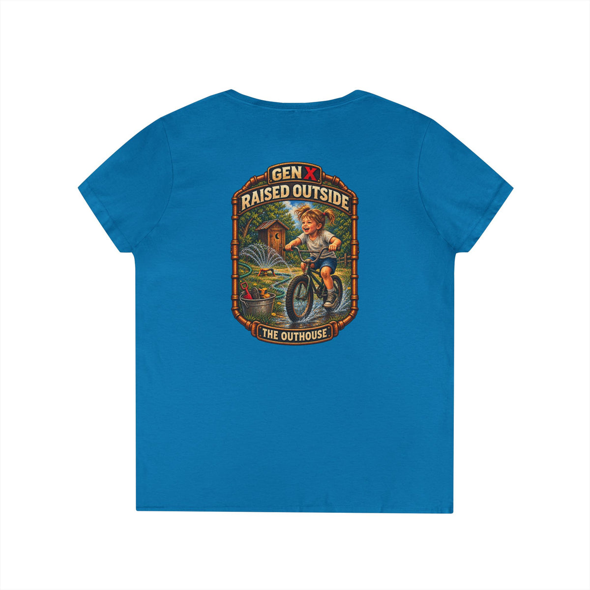 Gen X Raised Outside V‑Neck Tee — "Raised Outside" Retro Bike Graphic