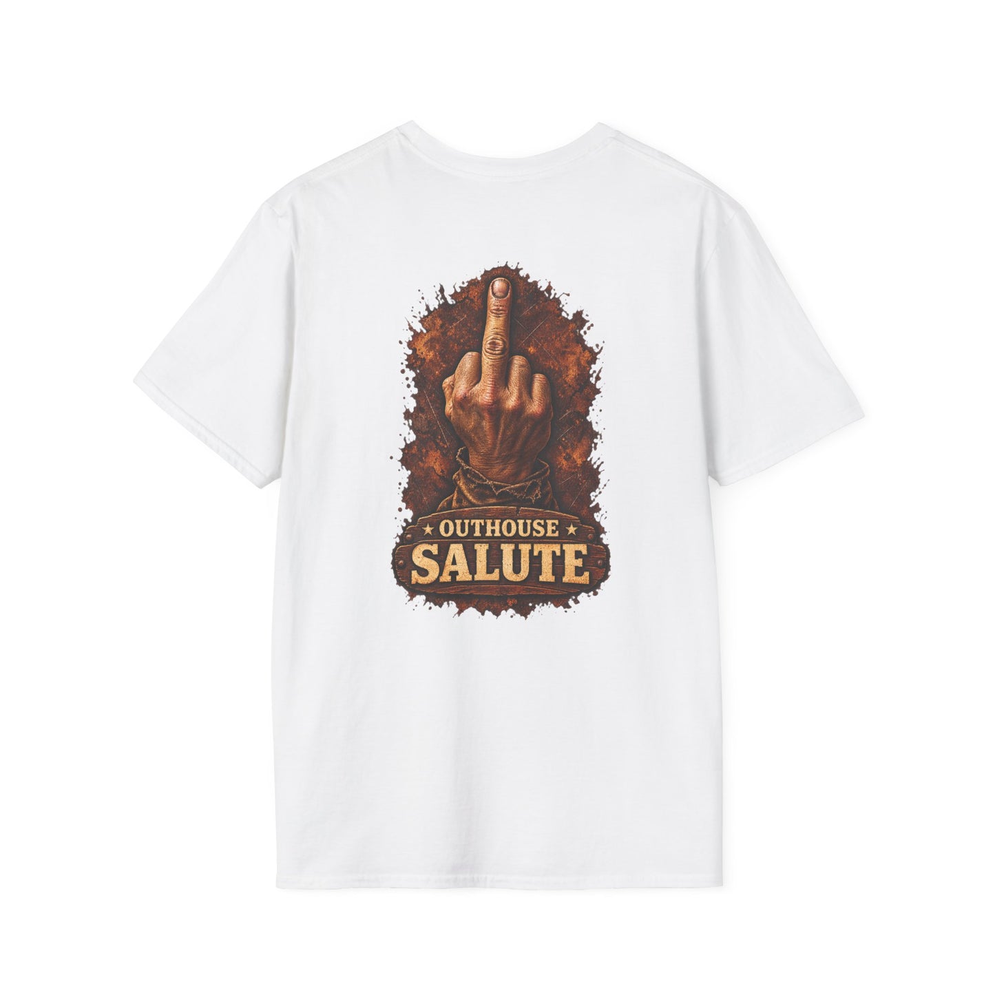 Outhouse Salute T-Shirt — Rustic Hand Gesture Graphic Tee