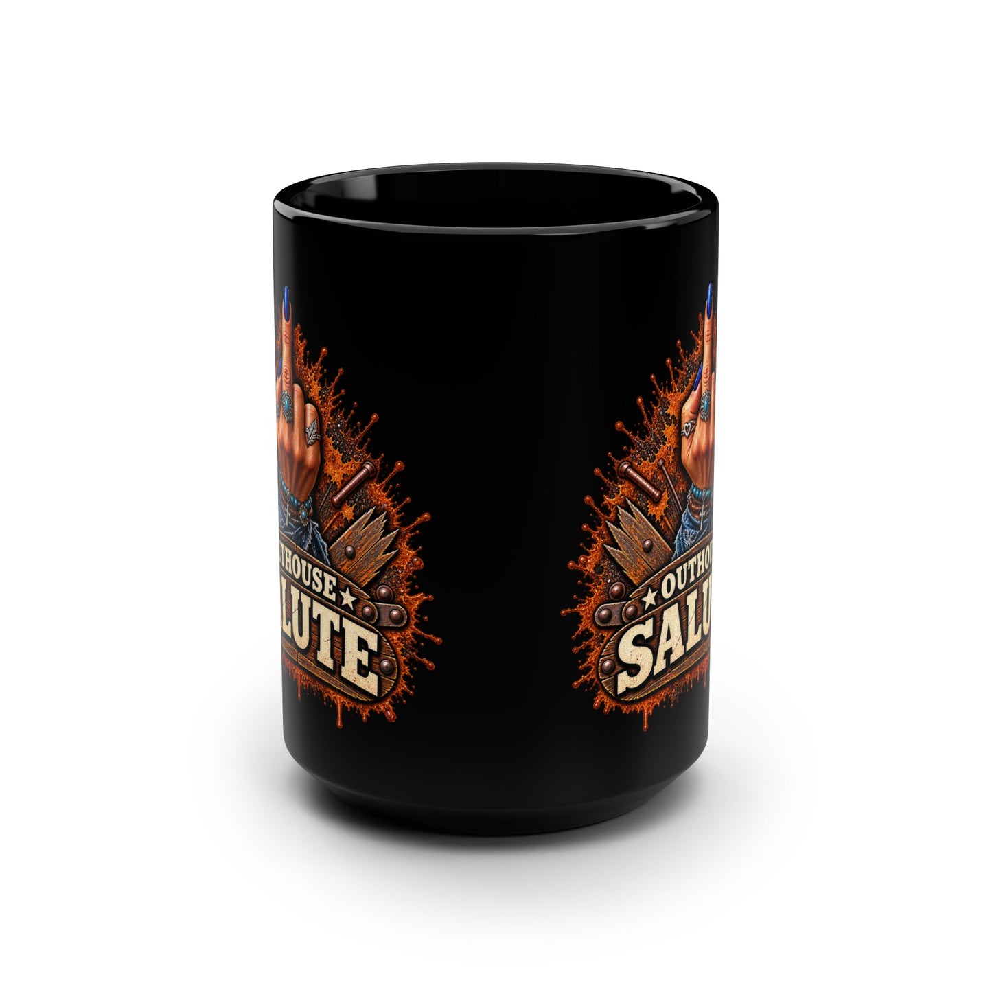 Outhouse Salute 15oz Black Mug — Funny Gen X Women’s Middle Finger Coffee Cup