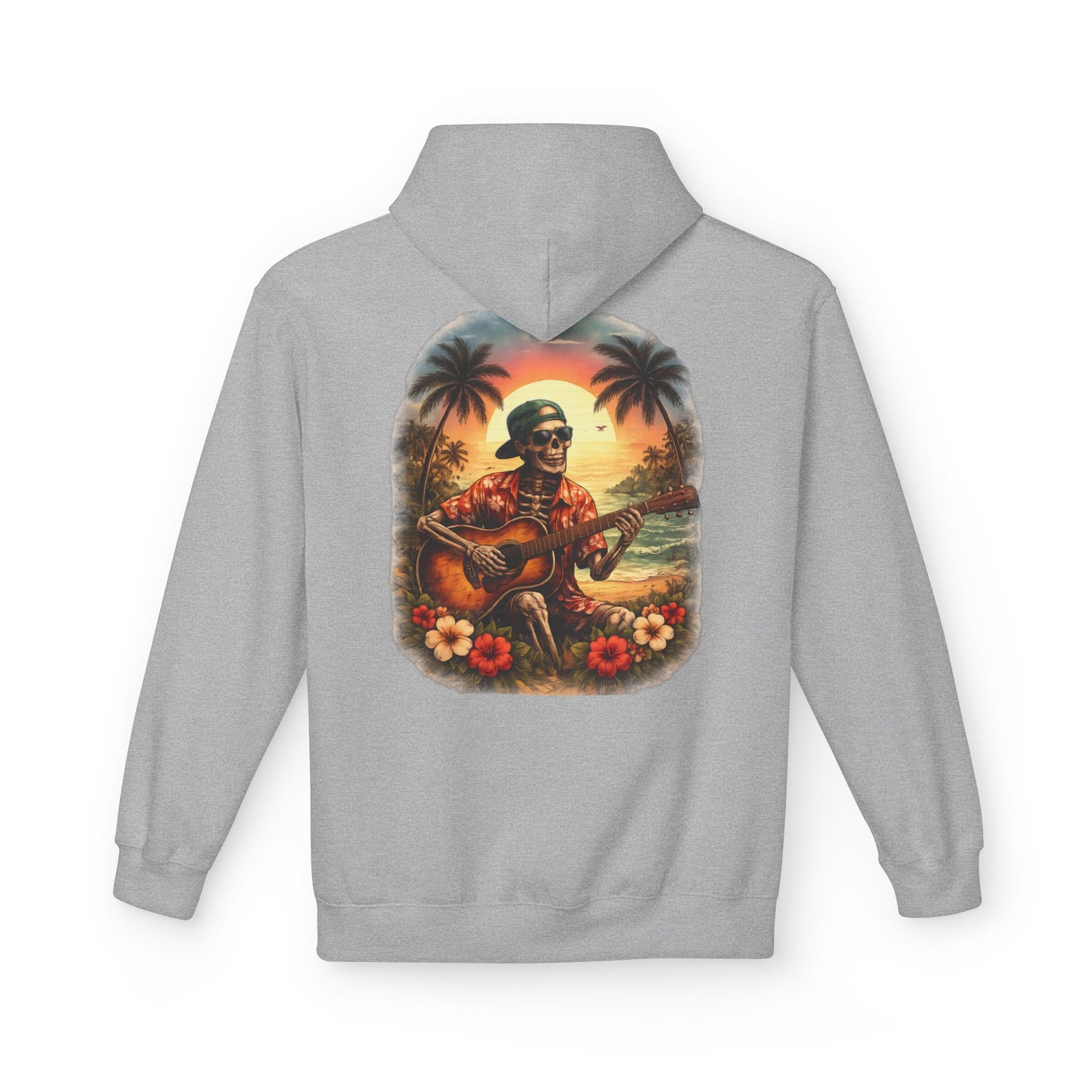 Hawaiian Skeleton Guitar Hoodie — Sunset Palm Vintage Rock Pullover