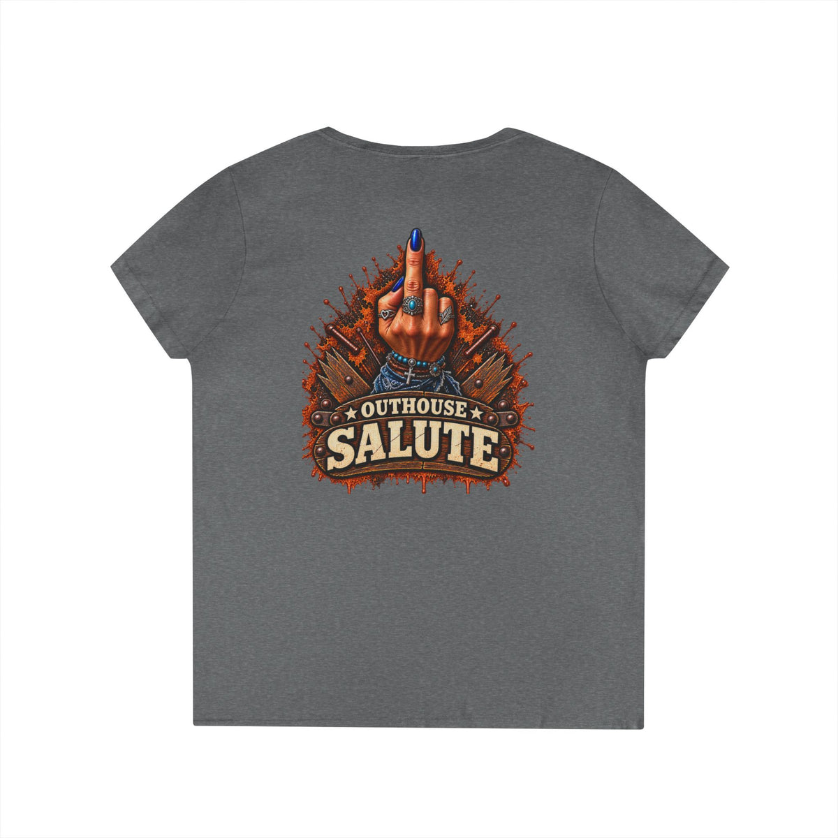 Outhouse Salute V-Neck Tee — Bold Back Graphic Ladies' T-Shirt