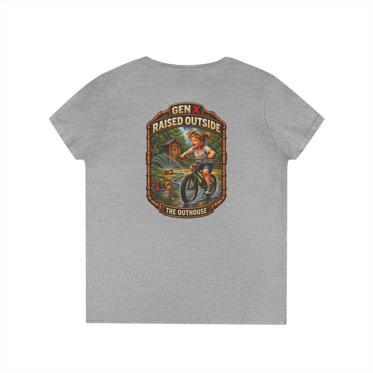Gen X Raised Outside V‑Neck Tee — "Raised Outside" Retro Bike Graphic